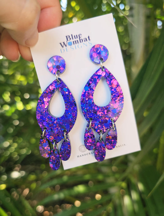 Resin Chandelier Chameleon Glitter Dangle Statement Earrings