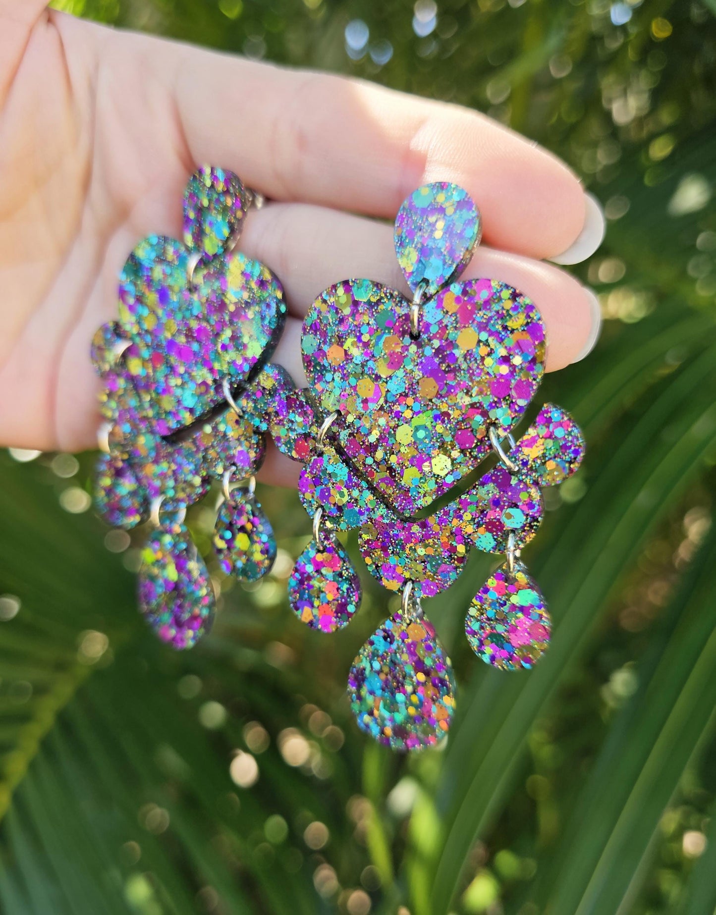 Large Love Heart Chandelier Resin Glitter Earrings