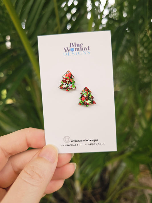 Christmas Tree Resin Glitter Sparkle Studs 12mm