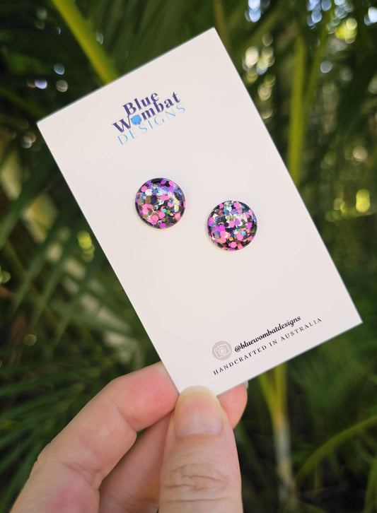 Spotty Pink Black Silver Glitter Resin Domed Studs 14mm