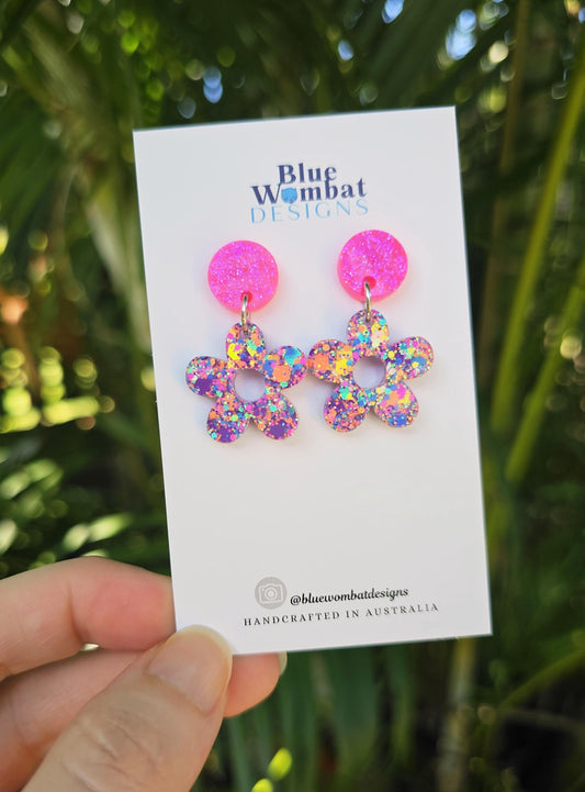Colourful Flower Resin Glitter Small Dangle Earrings
