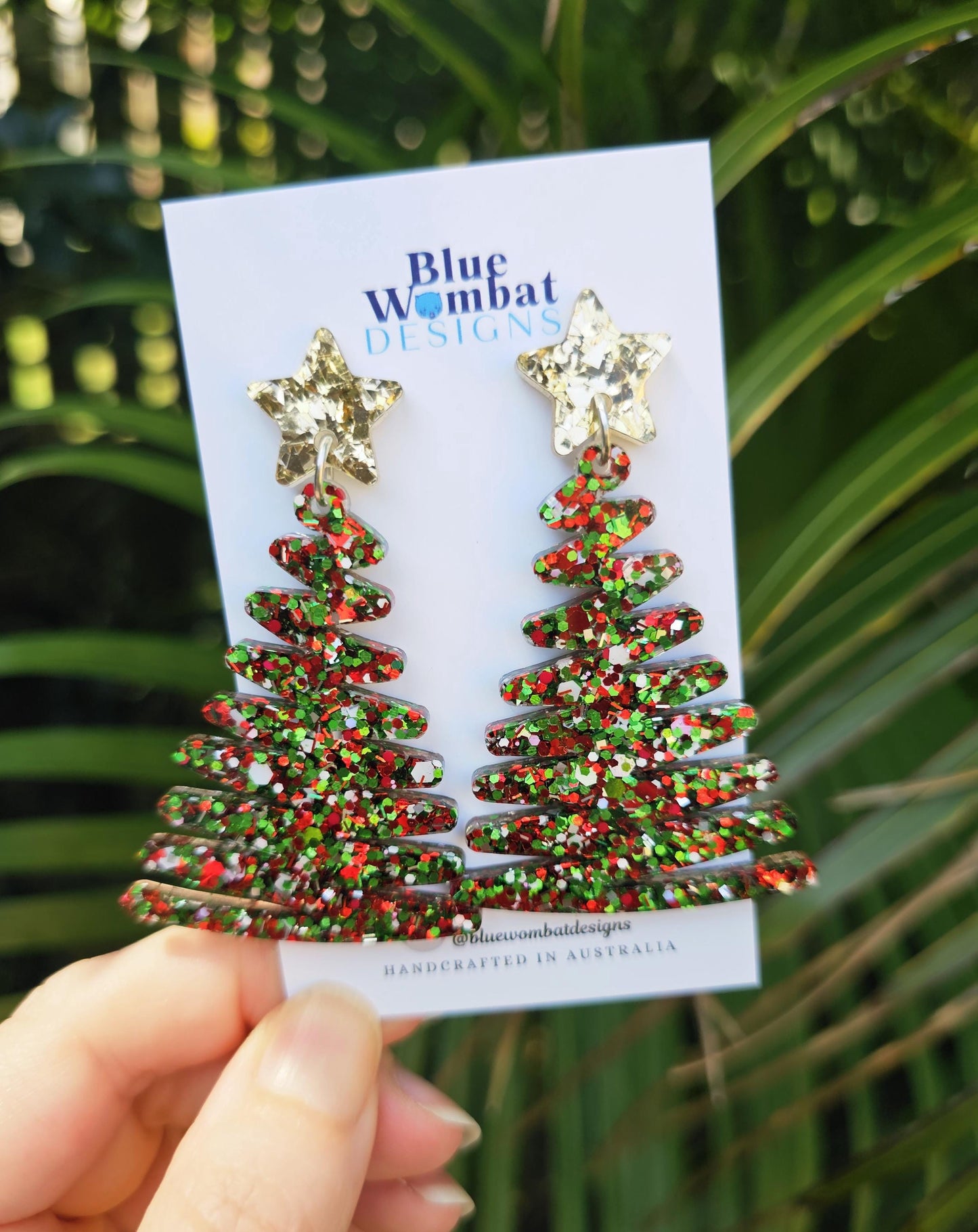 Large Christmas Tree Glitter Resin Dangle Earrings