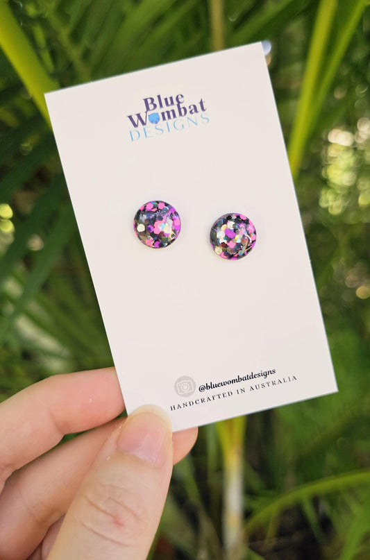 Spotty Pink Black Silver Glitter Resin Domed Studs 12mm