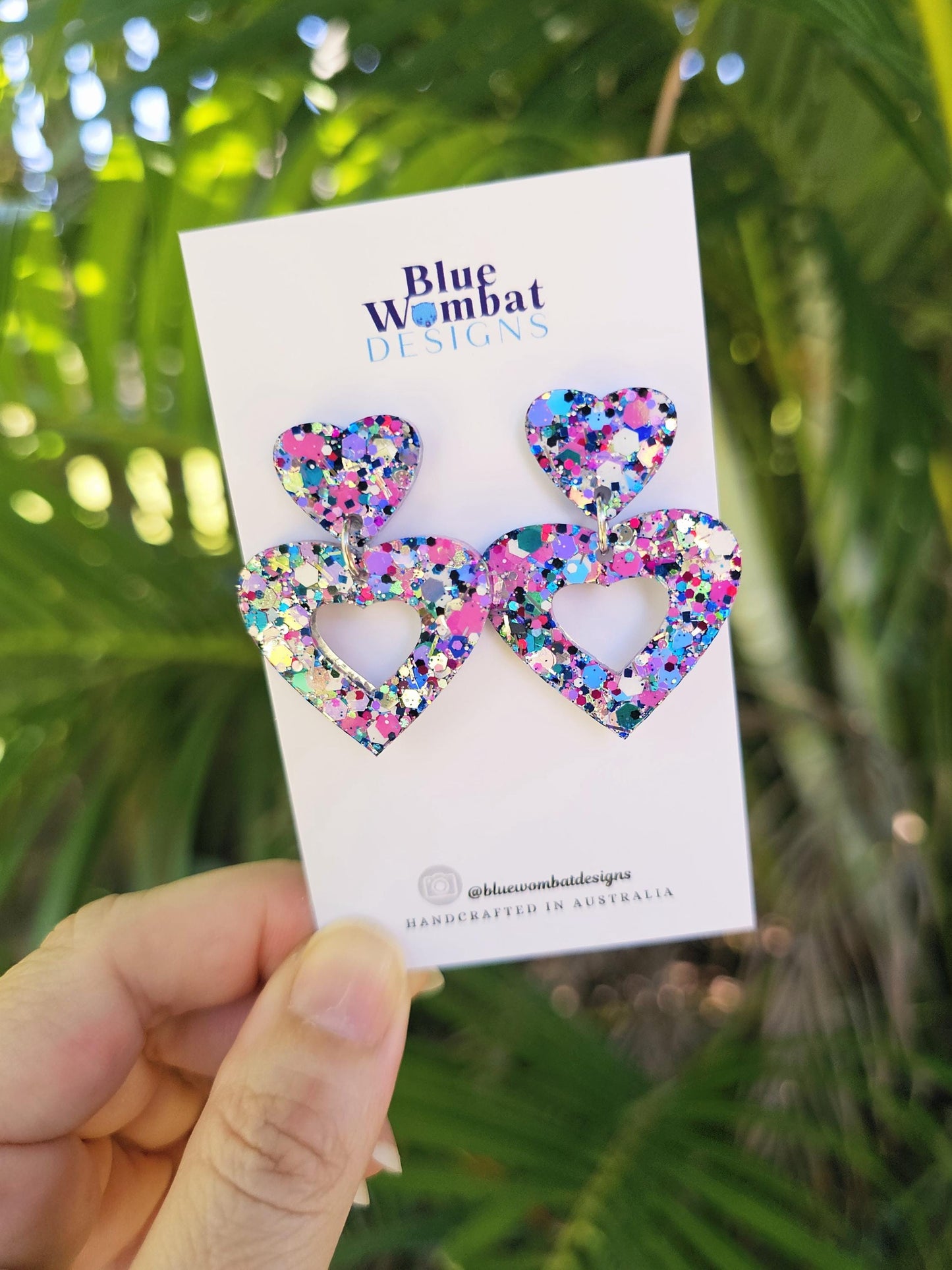 Colourful Love Heart Glitter Resin Dangle Earrings