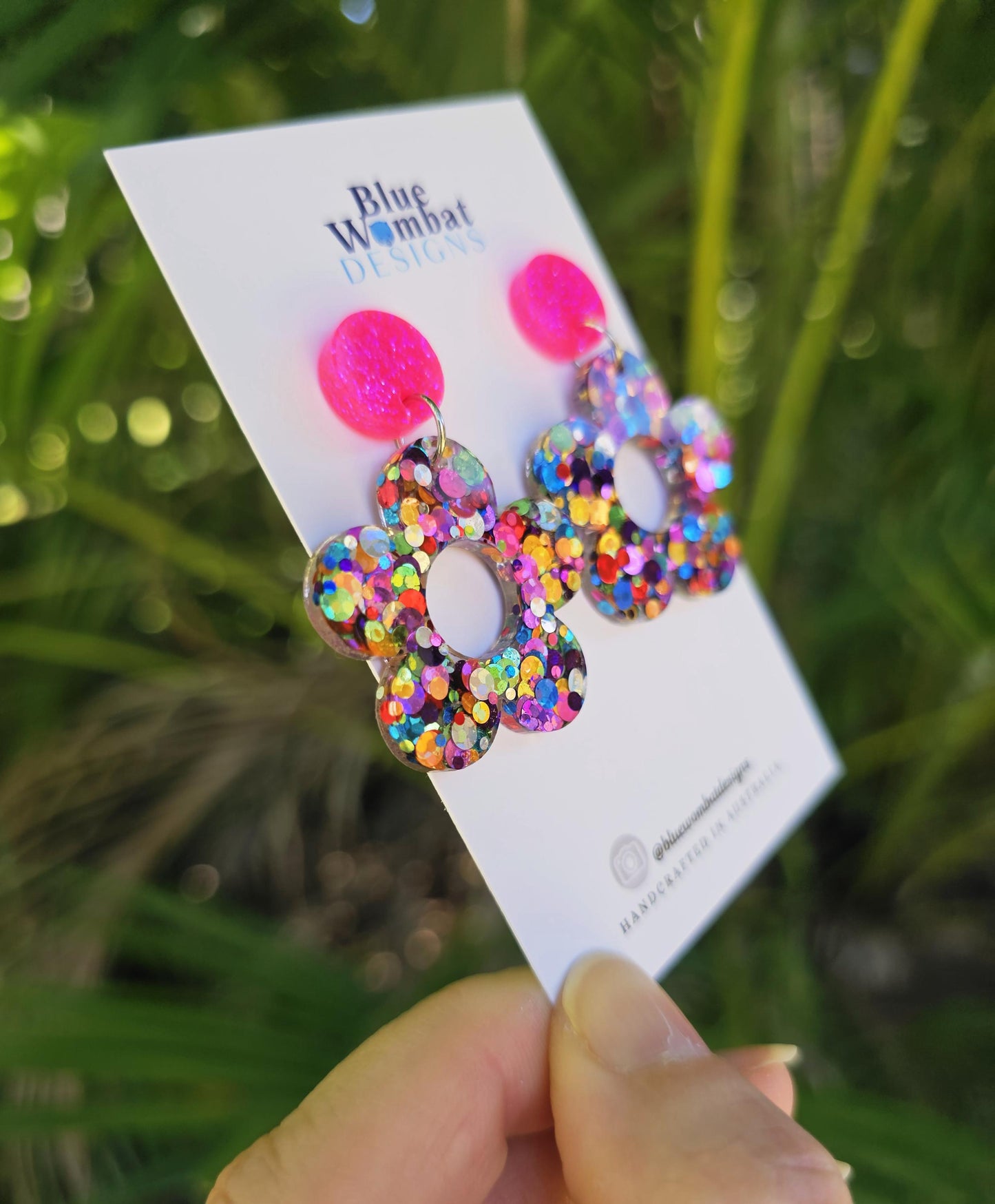 Resin Glitter Flower Dangle Statement Earrings