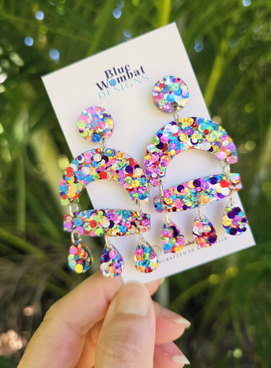 Resin Sparkle Chandelier Glitter Dangle Statement Earrings