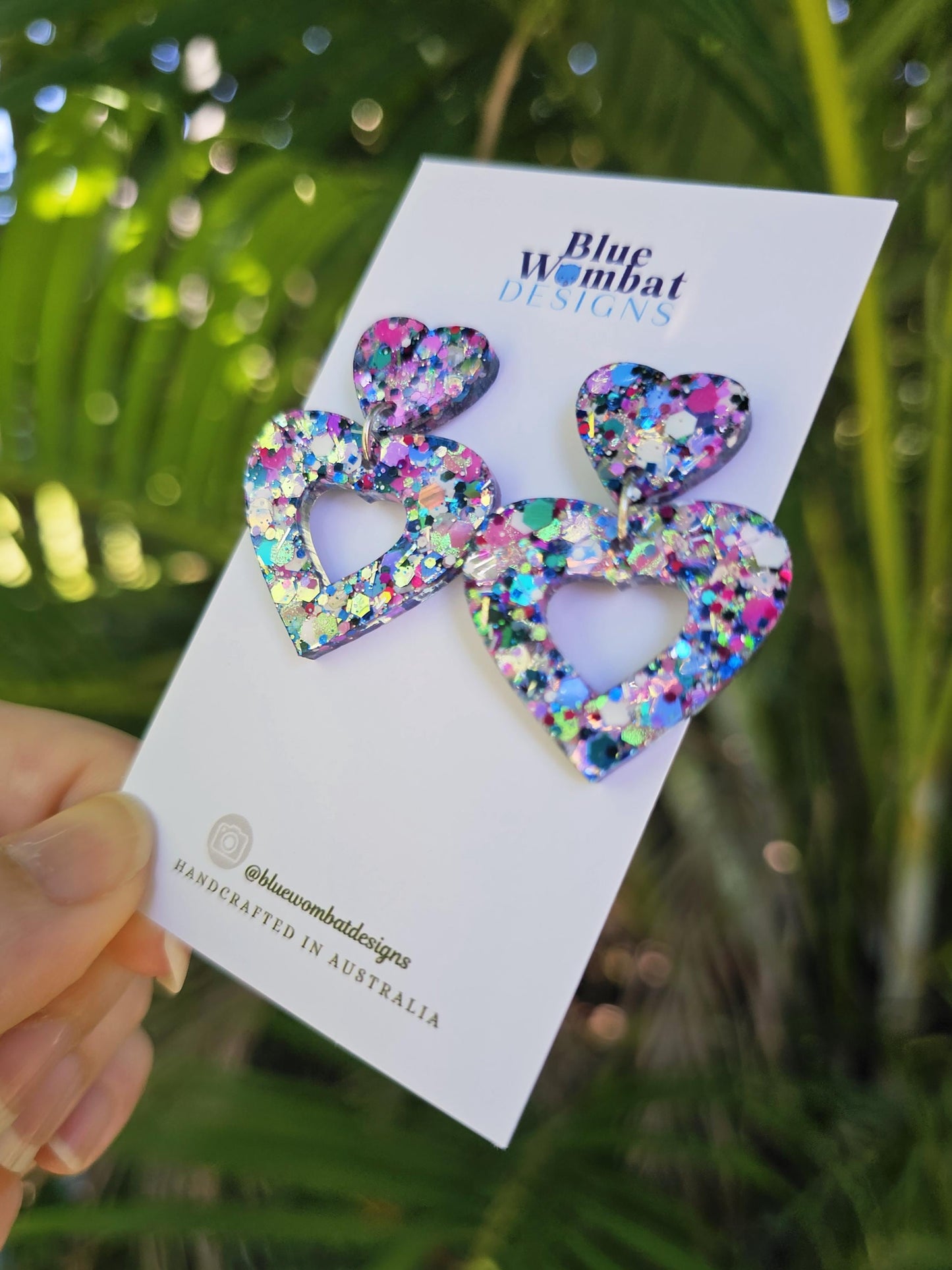 Colourful Love Heart Glitter Resin Dangle Earrings