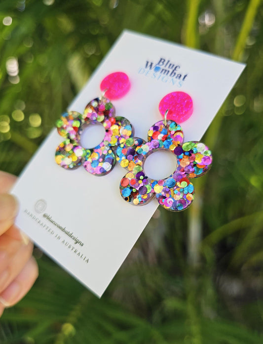Resin Glitter Flower Dangle Statement Earrings