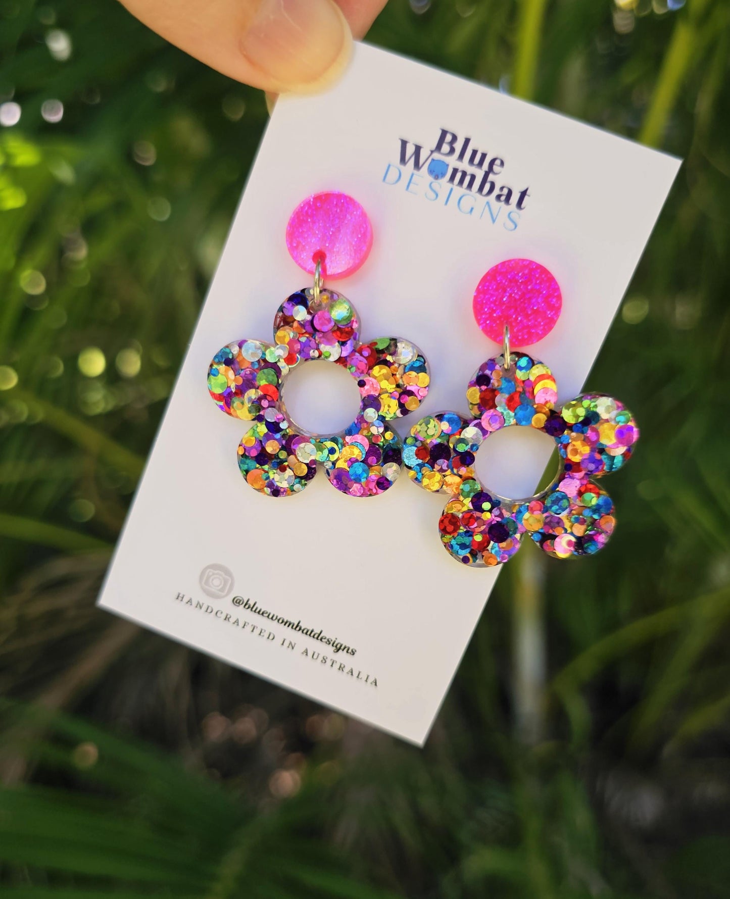 Resin Glitter Flower Dangle Statement Earrings