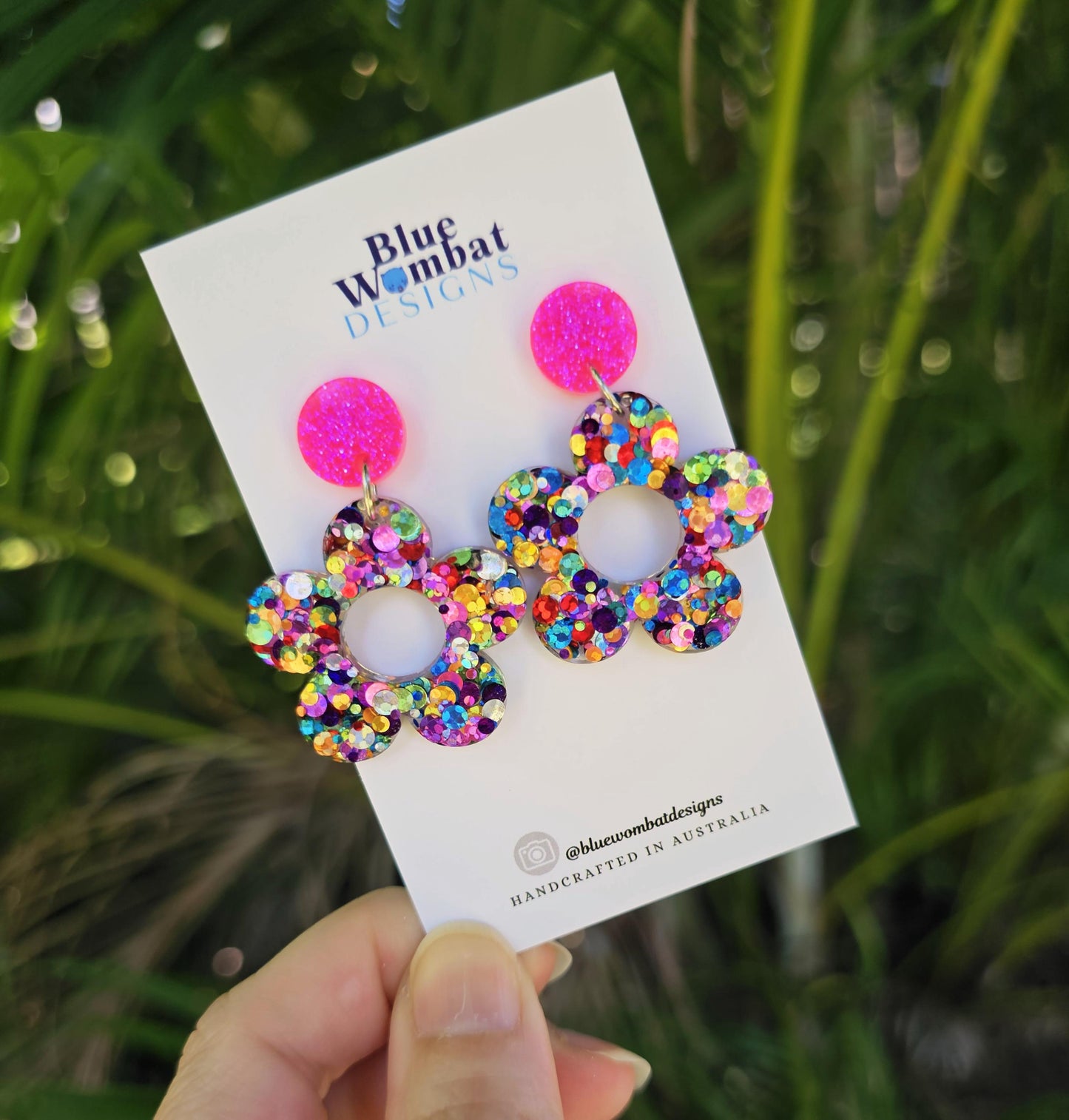 Resin Glitter Flower Dangle Statement Earrings