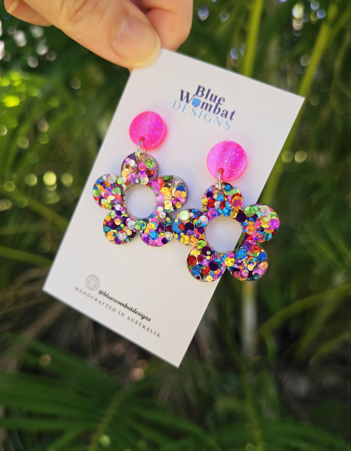 Resin Glitter Flower Dangle Statement Earrings