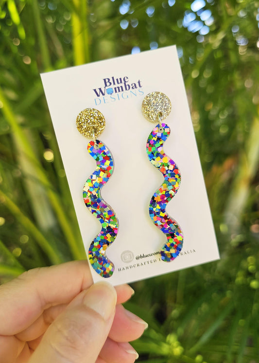 Squiggle Glitter Resin Statement Dangle Earrings