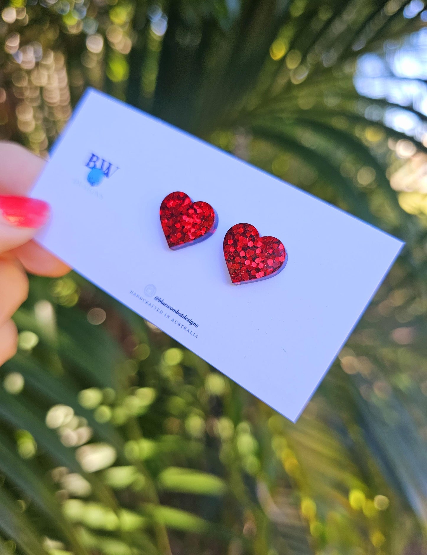 Love Heart Red Sparkle Glitter Resin Small Stud Earrings