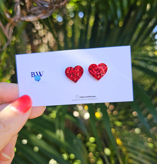 Love Heart Red Sparkle Glitter Resin Small Stud Earrings