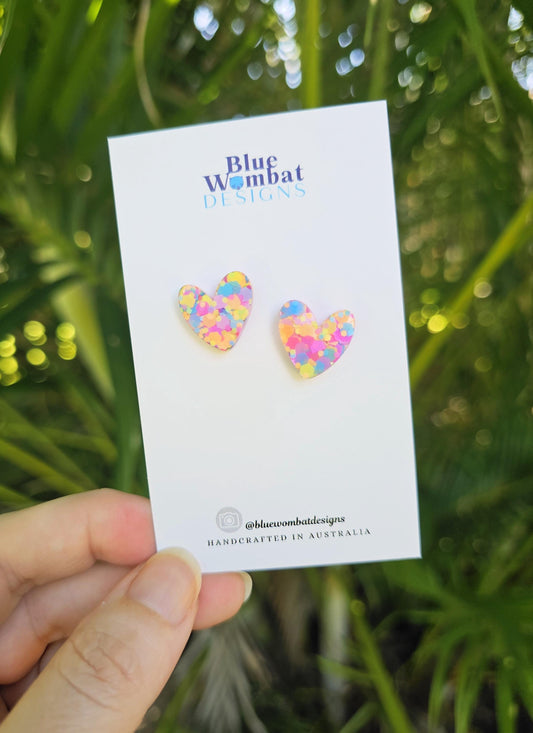Love Heart Colourful Glitter Stud Earrings 16mm