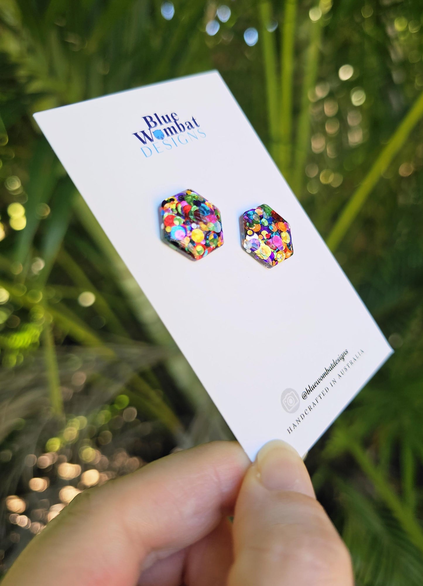 Rainbow Glitter Resin Domed Hexagon Studs 16mm