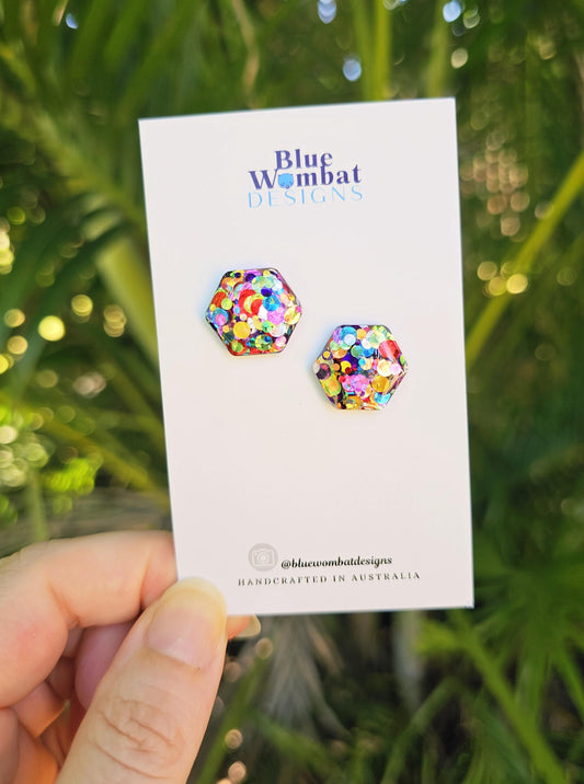 Rainbow Glitter Resin Domed Hexagon Studs 16mm