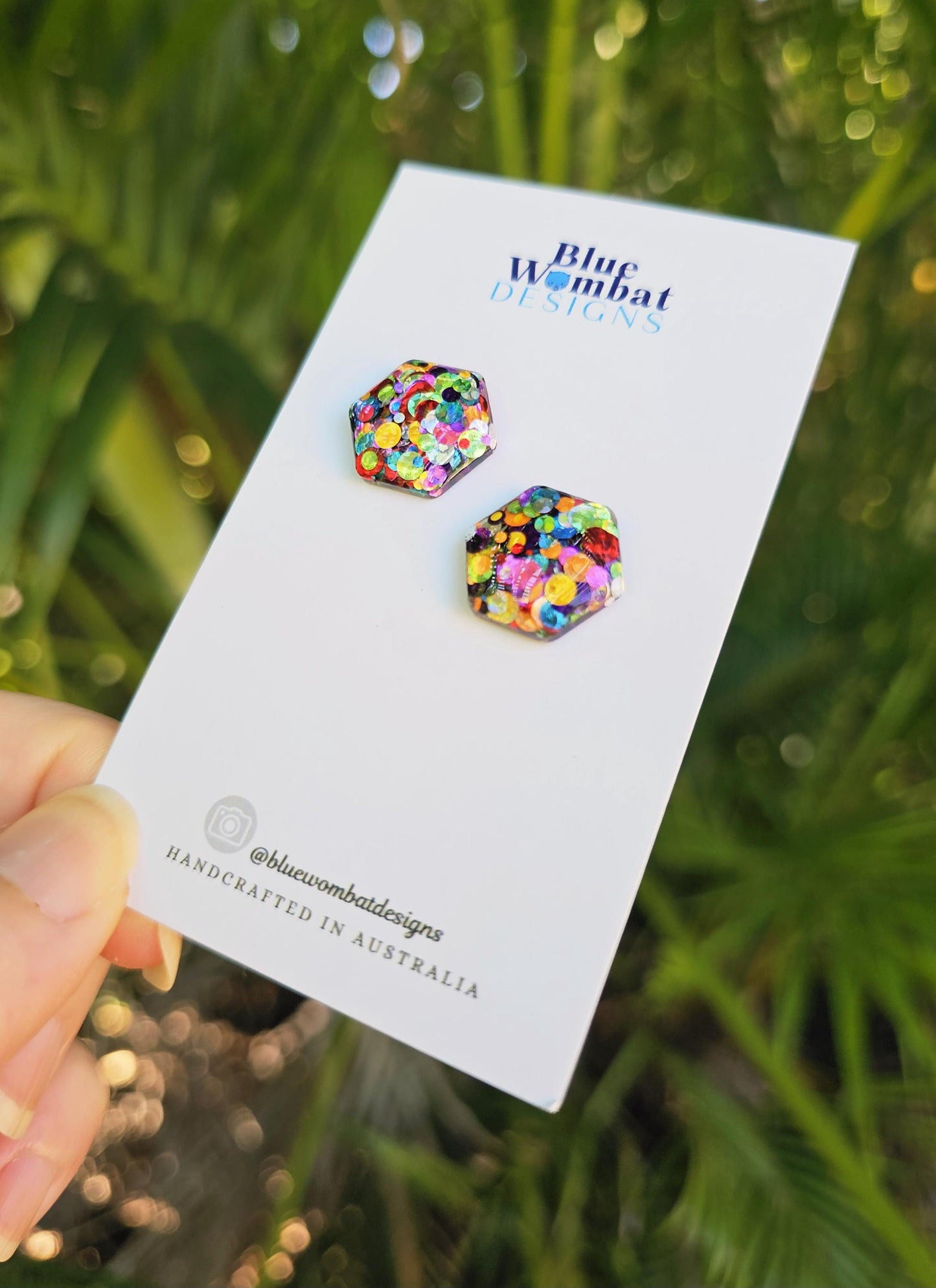 Rainbow Glitter Resin Domed Hexagon Studs 16mm