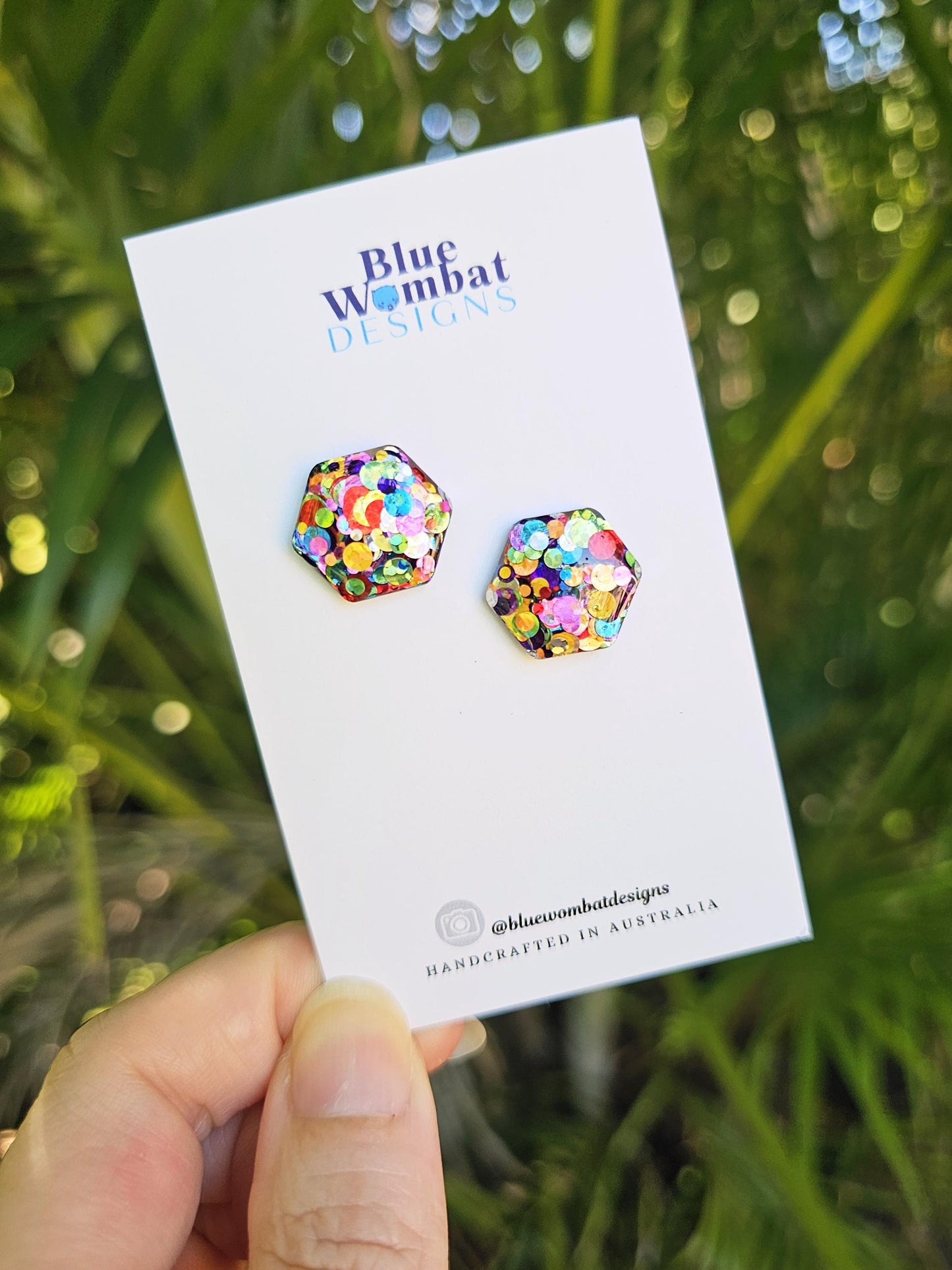 Rainbow Glitter Resin Domed Hexagon Studs 16mm