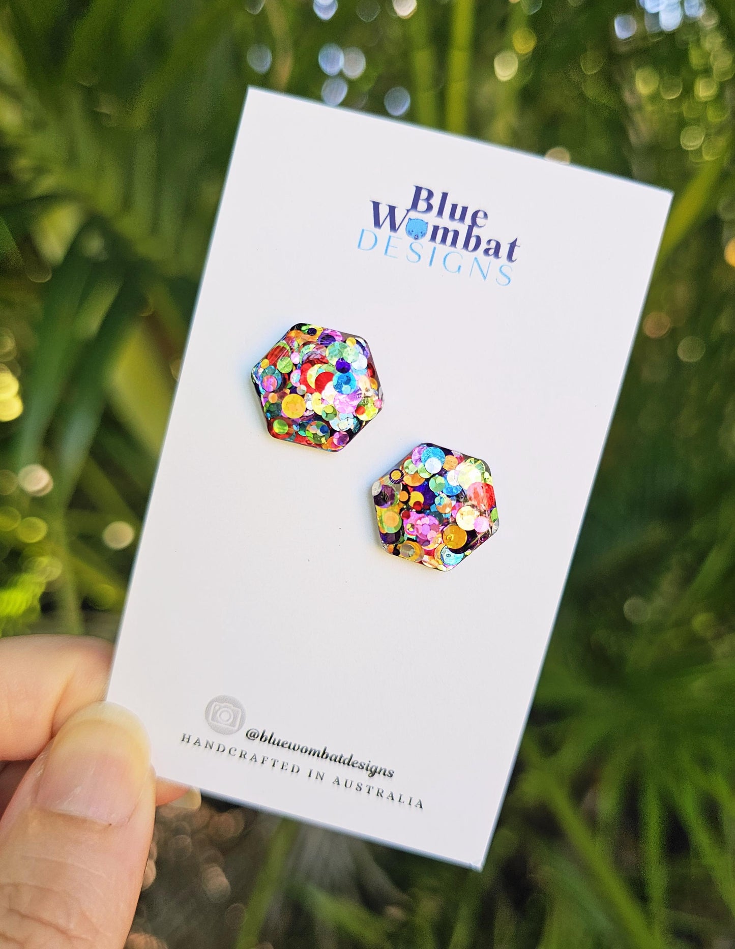 Rainbow Glitter Resin Domed Hexagon Studs 16mm