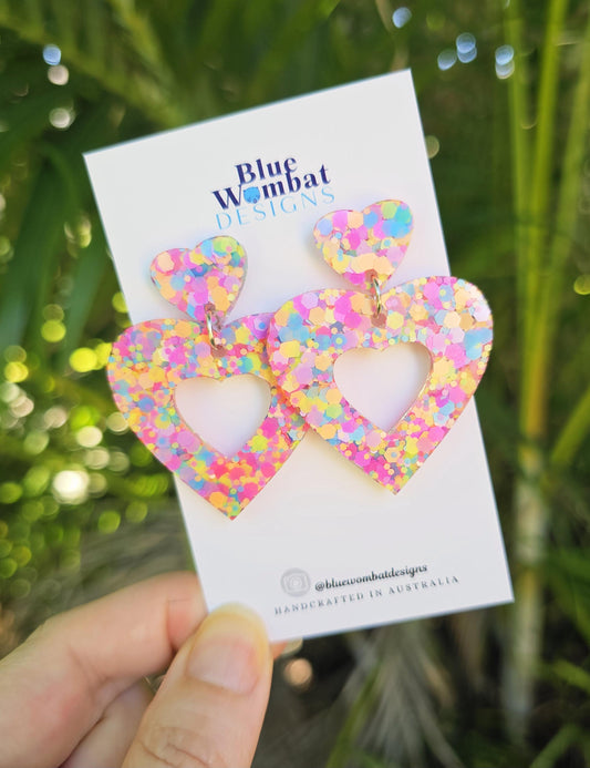 Love Heart Colourful Glitter Resin Dangle Earrings