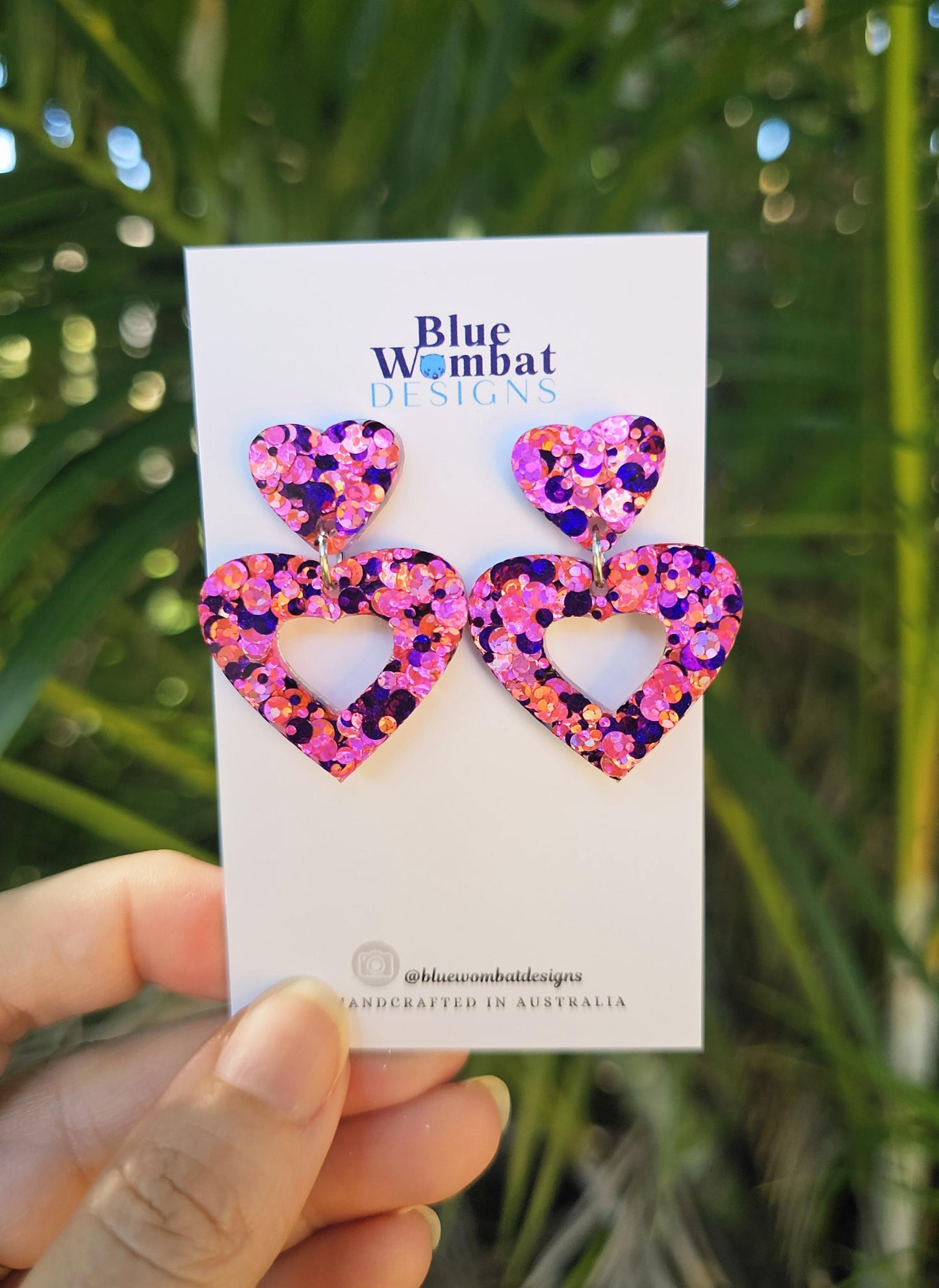 Pink Sparkle Love Heart Glitter Resin Dangle Earrings