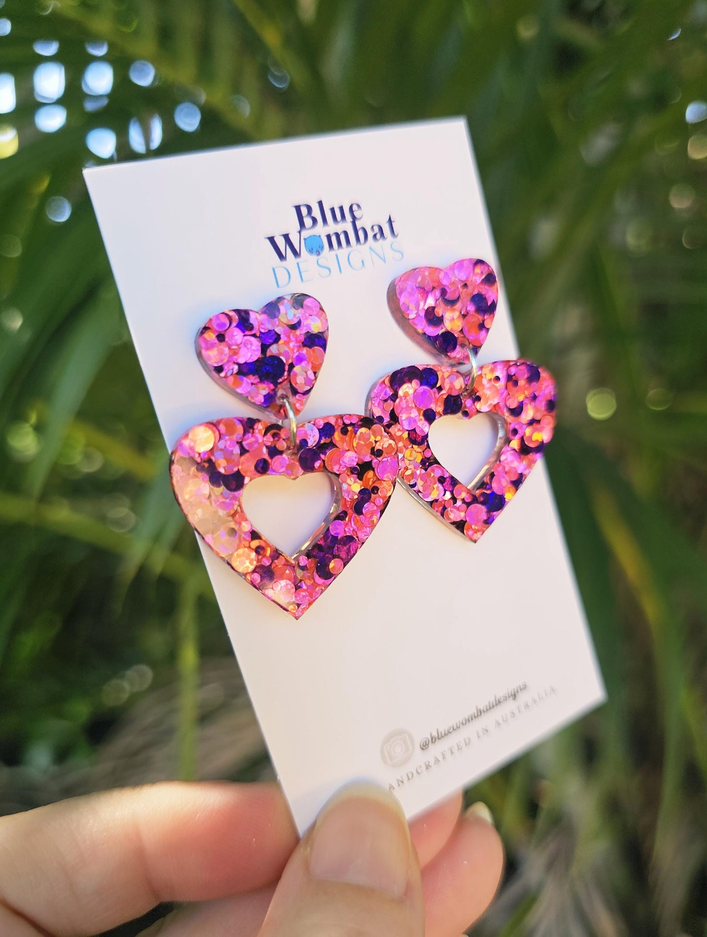 Pink Sparkle Love Heart Glitter Resin Dangle Earrings