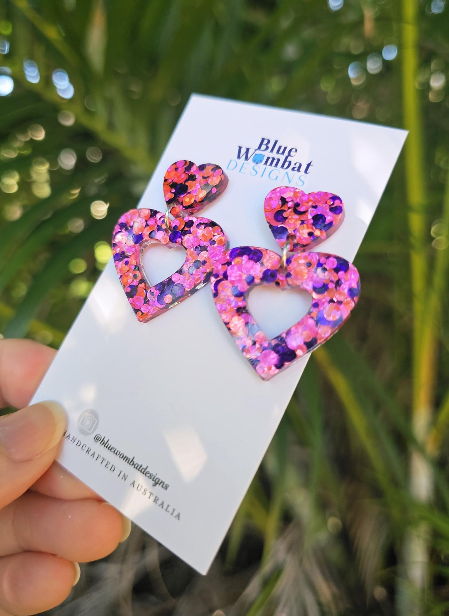 Pink Sparkle Love Heart Glitter Resin Dangle Earrings