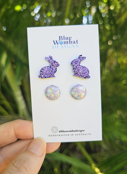 Easter Bunny Purple Glitter Resin Two Stud Pack Earrings