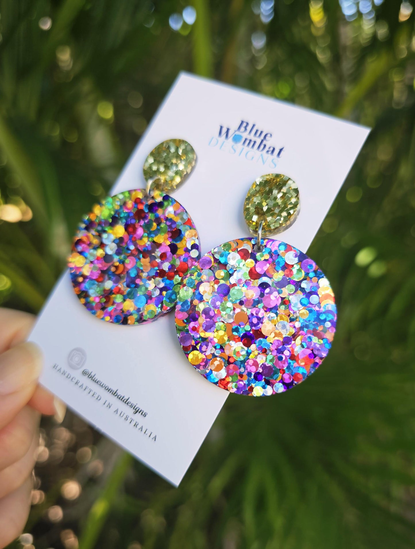 Resin Rainbow Glitter Round Dangle Earrings 35mm
