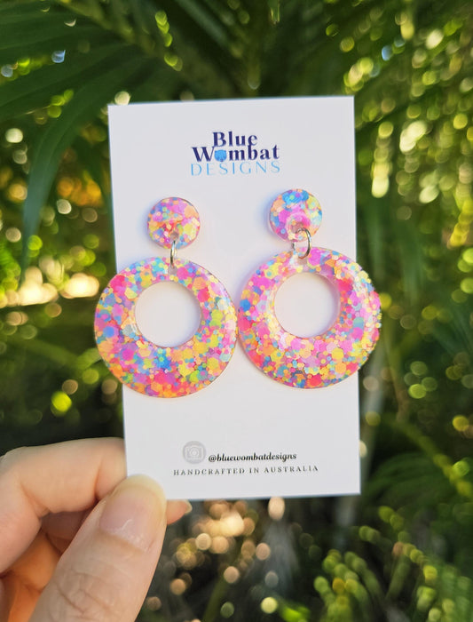 Round Hoop Glitter Resin Domed Dangle Earrings