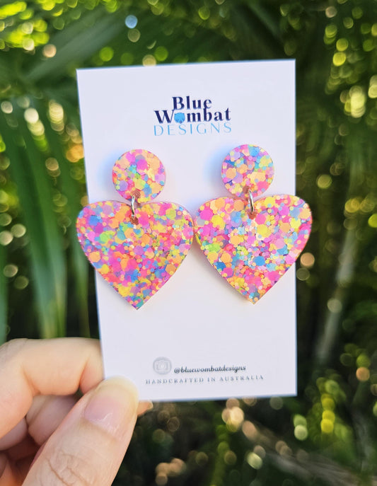 Love Heart Glitter Colourful Resin Handmade Dangle Earrings