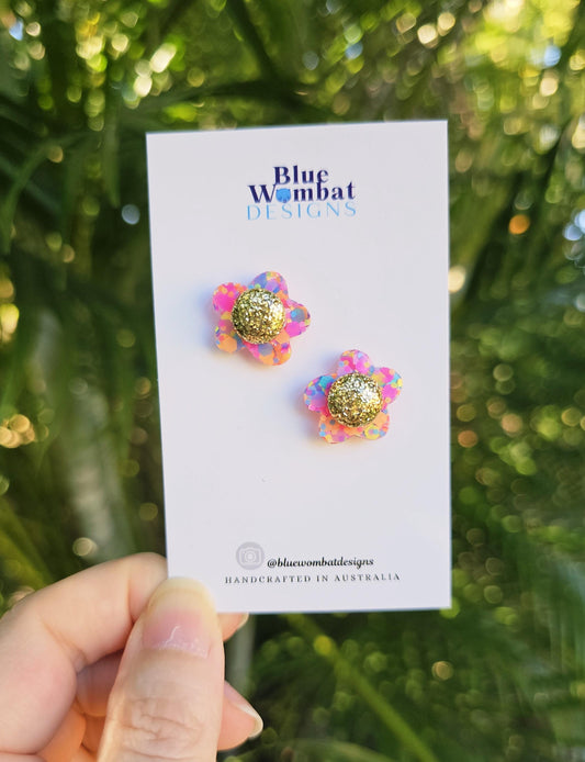 Flower Glitter Colourful Resin Stud Earrings 18mm