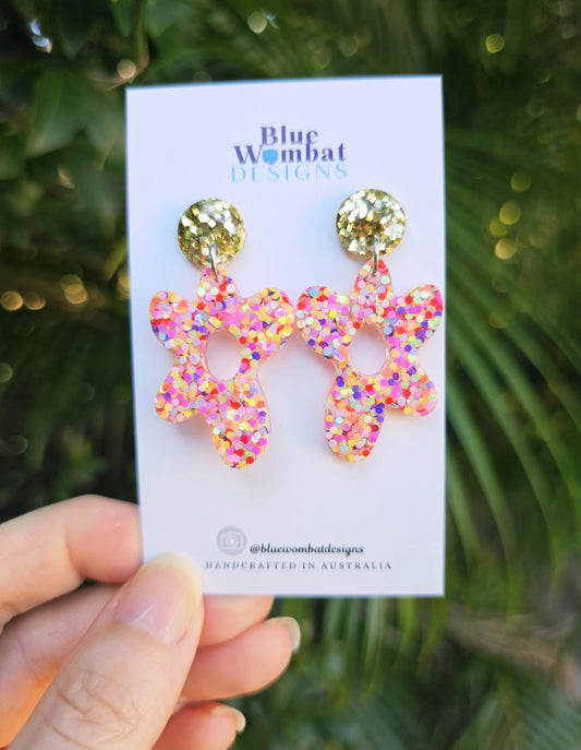Flower Glitter Resin Dangle Statement Earrings
