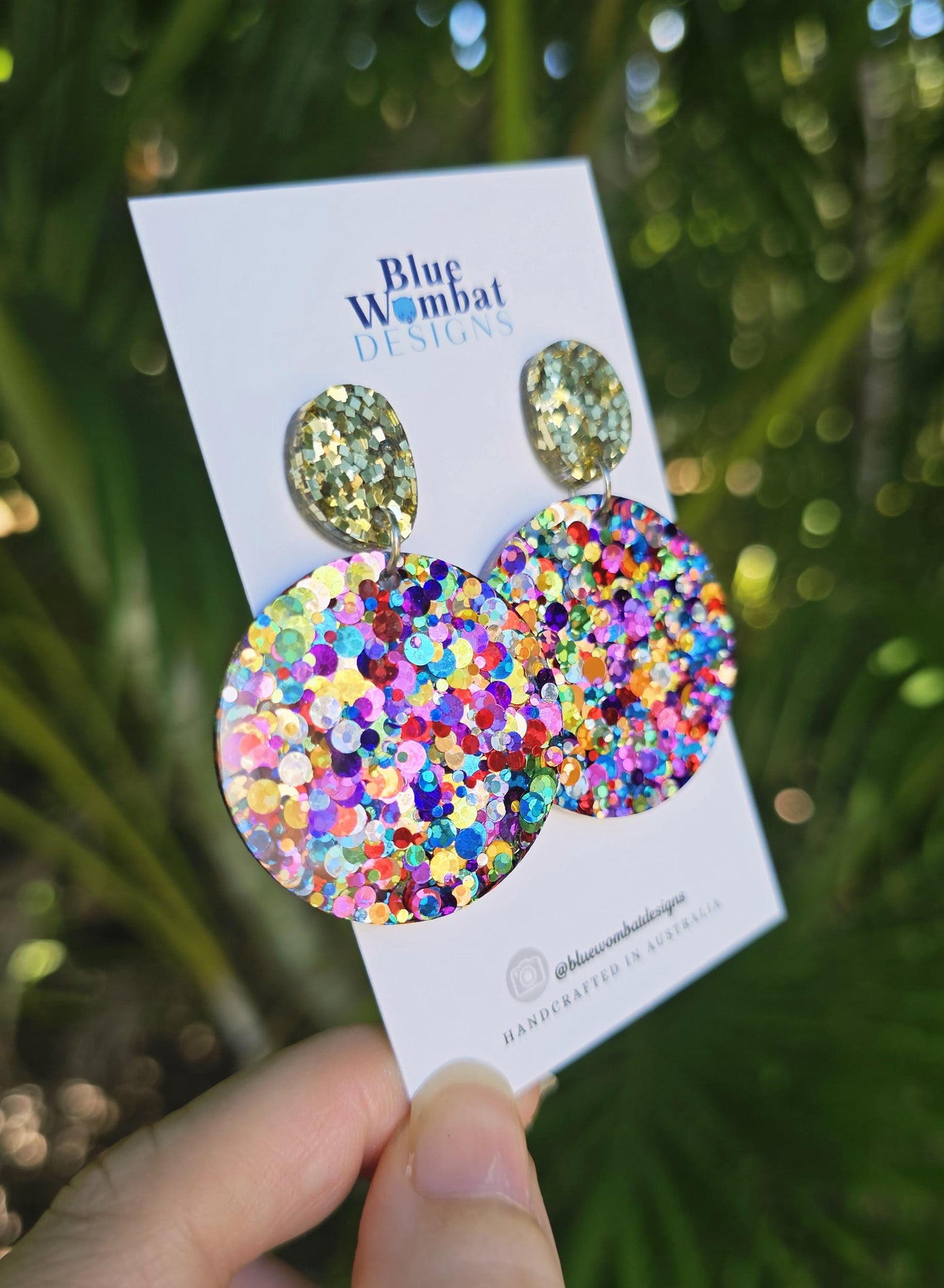 Resin Rainbow Glitter Round Dangle Earrings 35mm