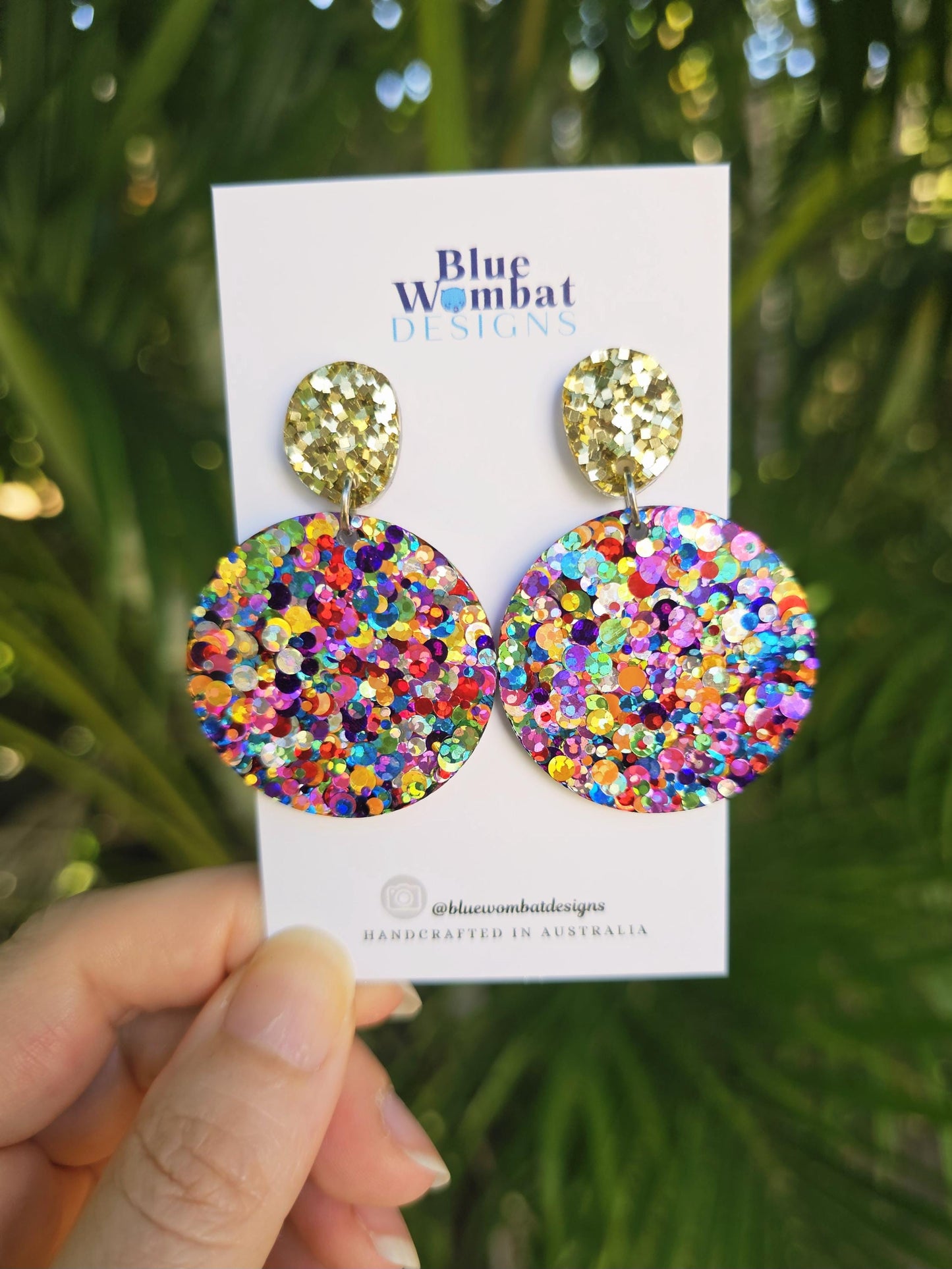 Resin Rainbow Glitter Round Dangle Earrings 35mm