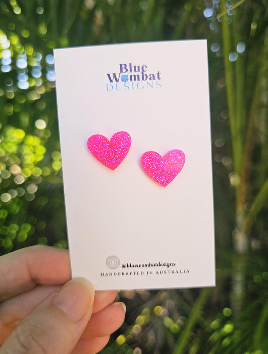 Hot Pink Glitter Resin Love Heart Stud Earrings 16mm