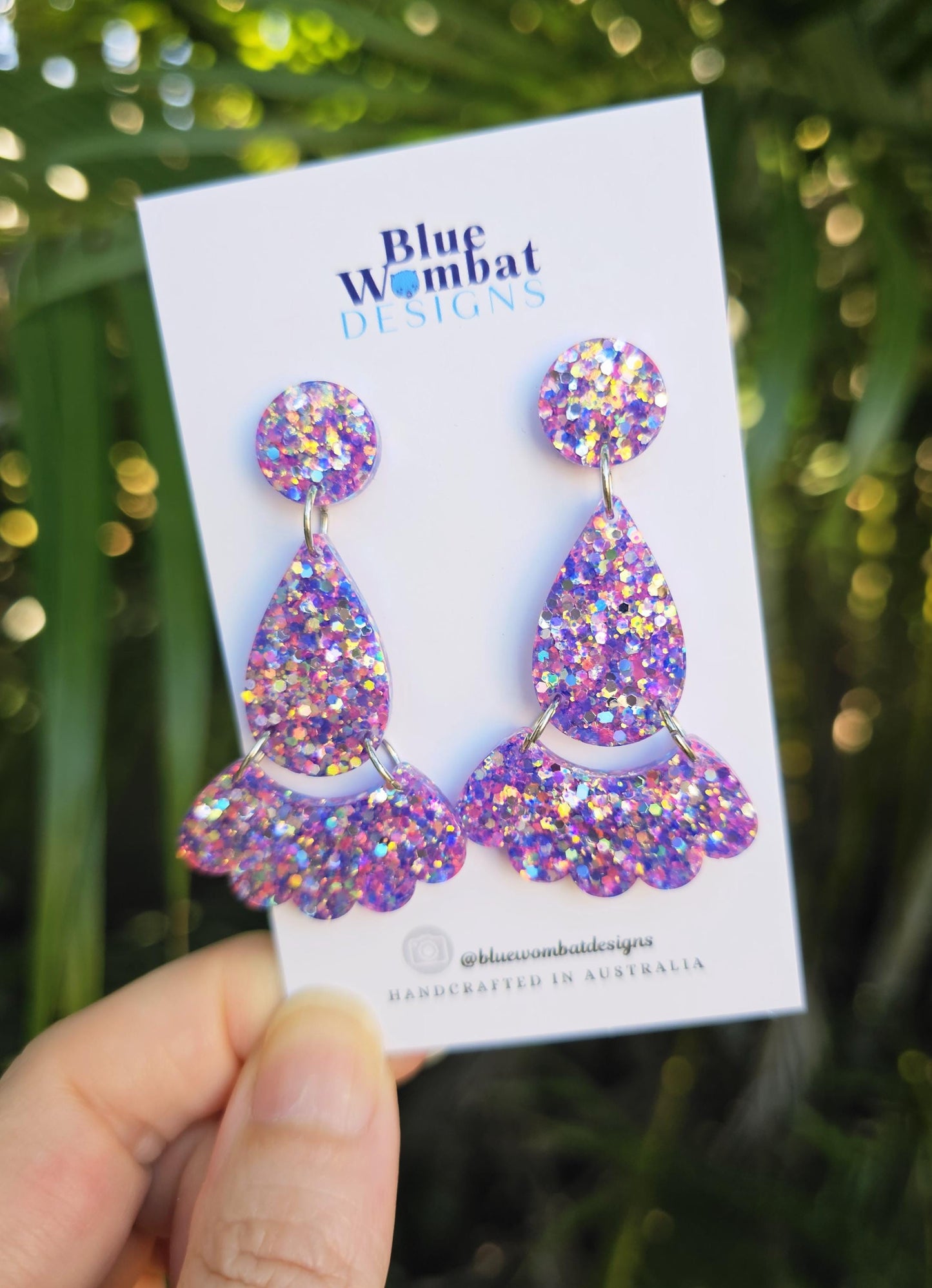 Pink Purple Glitter Resin Dangle Statement Earrings
