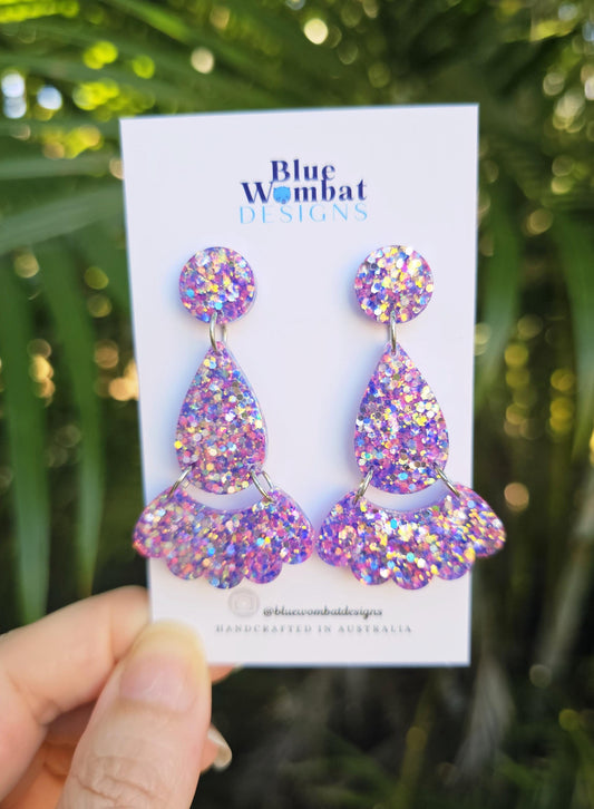 Pink Purple Glitter Resin Dangle Statement Earrings
