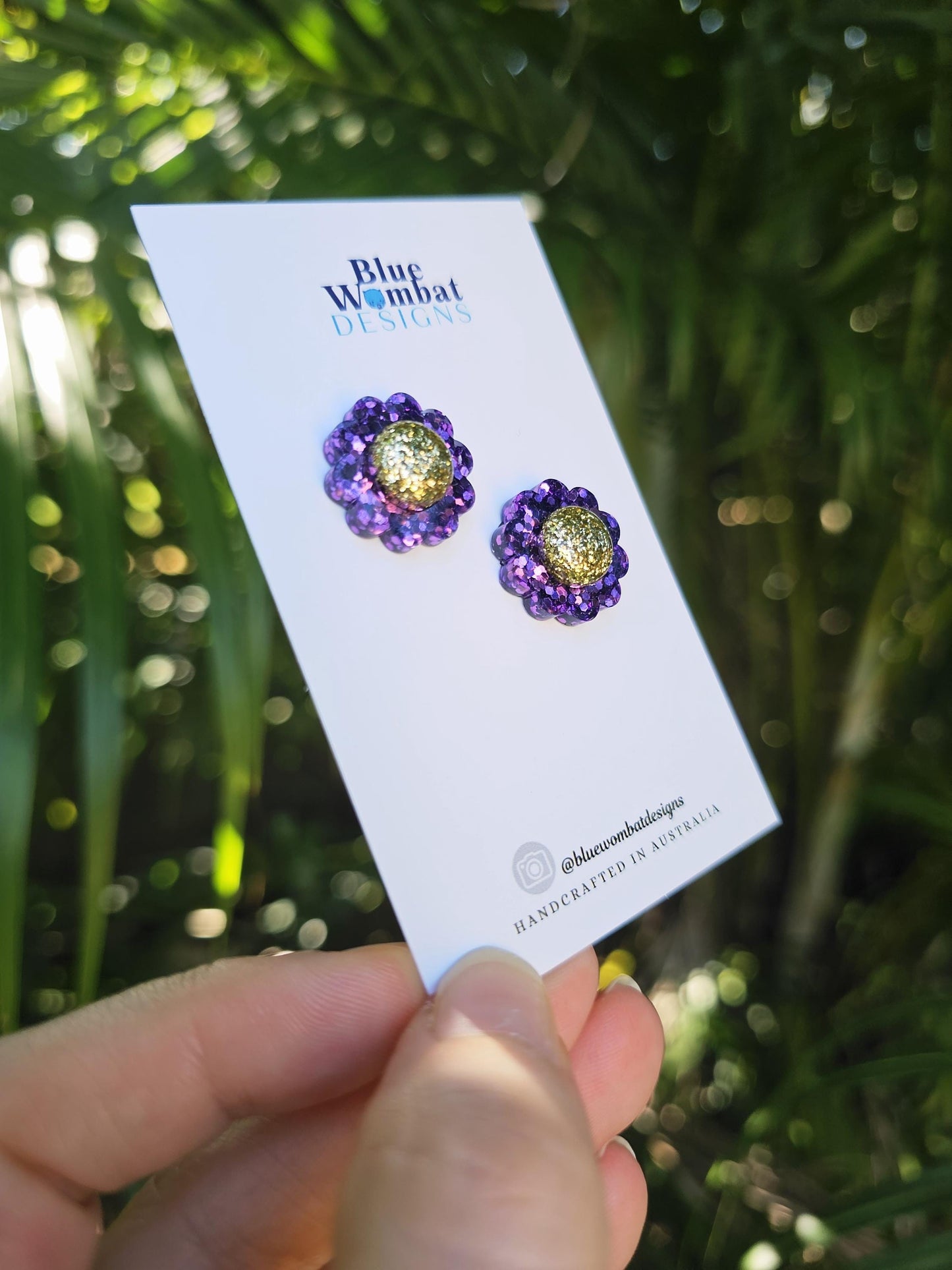 Flower Purple Glitter Resin Stud Earrings 18mm