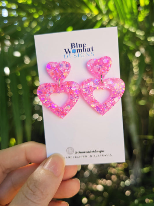 Pink Love Heart Sparkle Glitter Resin Dangle Earrings