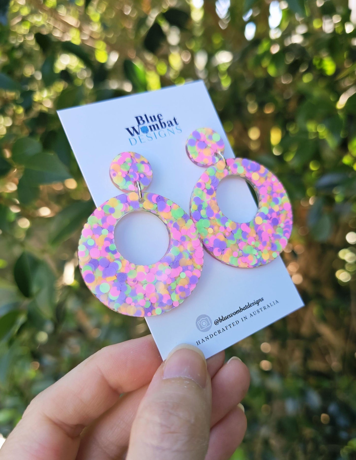 Bright Colourful Glitter Resin Round Hoop Dangle Earrings