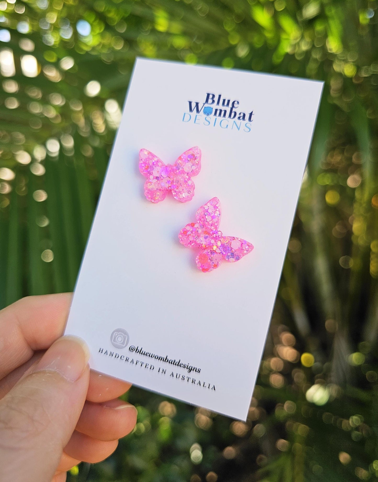 Butterfly Pink Glitter Resin Stud Earrings