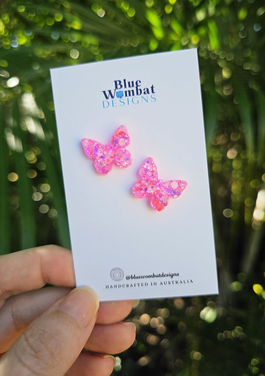 Butterfly Pink Glitter Resin Stud Earrings