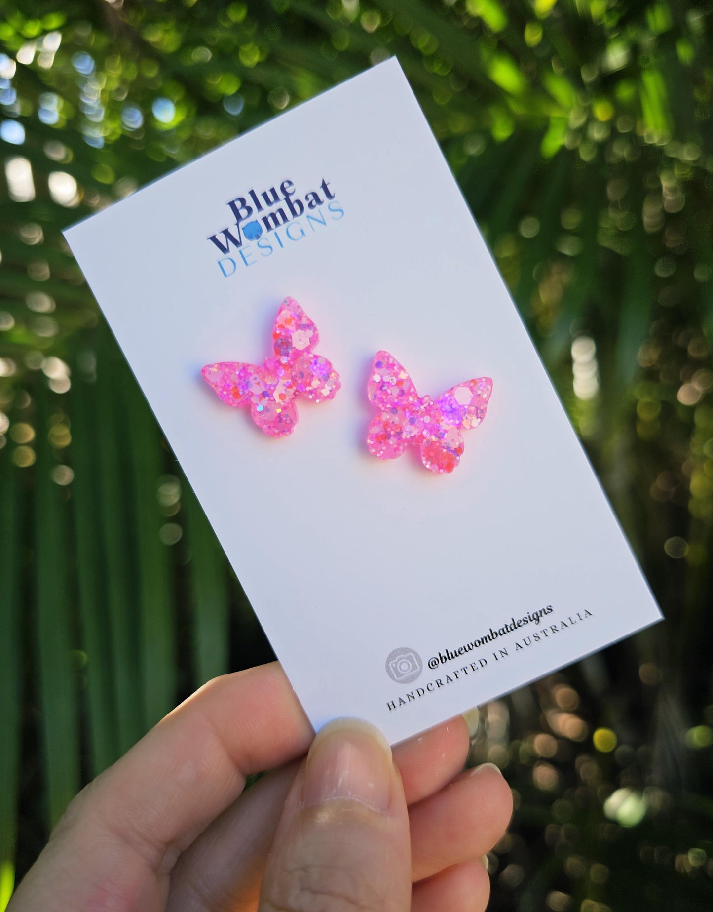 Butterfly Pink Glitter Resin Stud Earrings