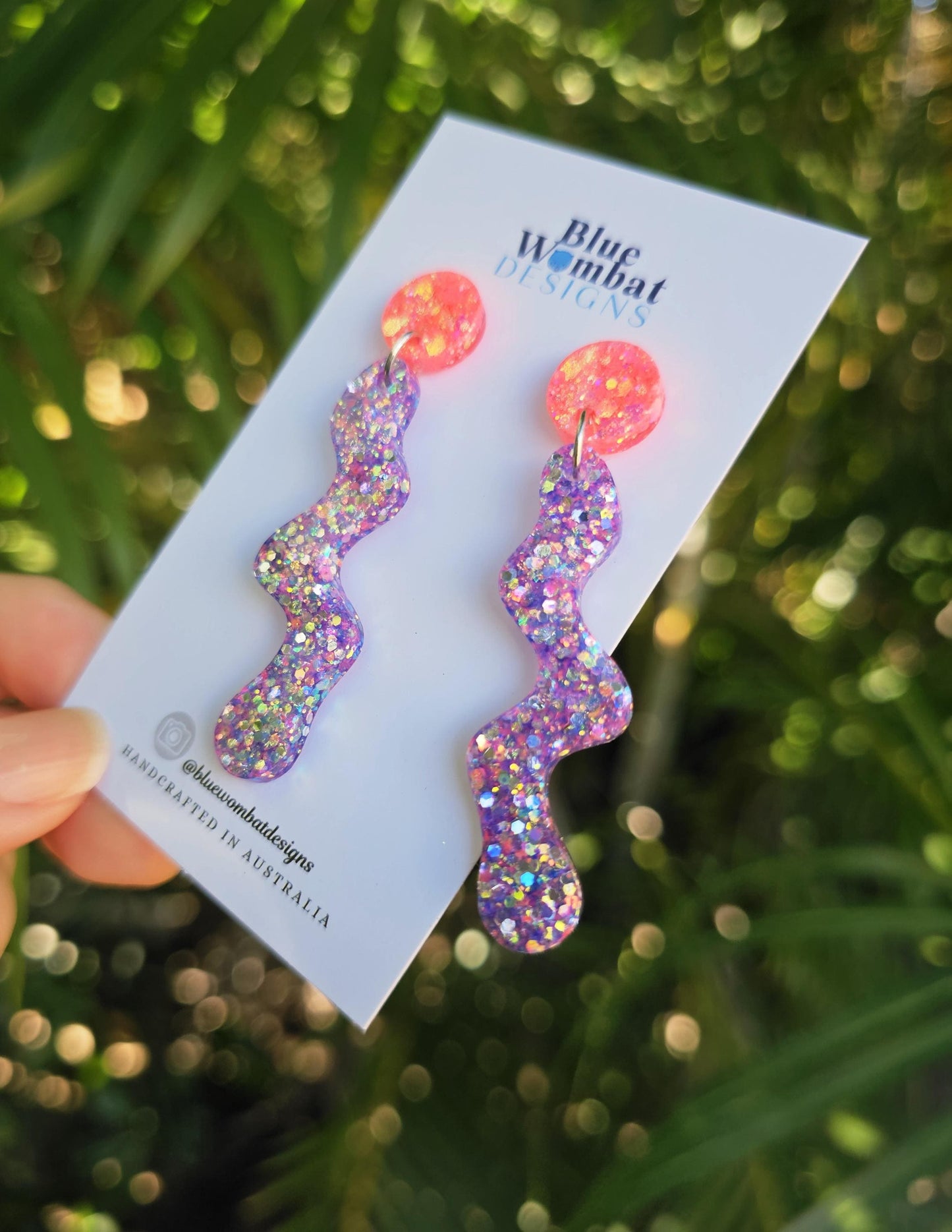 Squiggle Resin Purple Glitter Statement Dangle Earrings