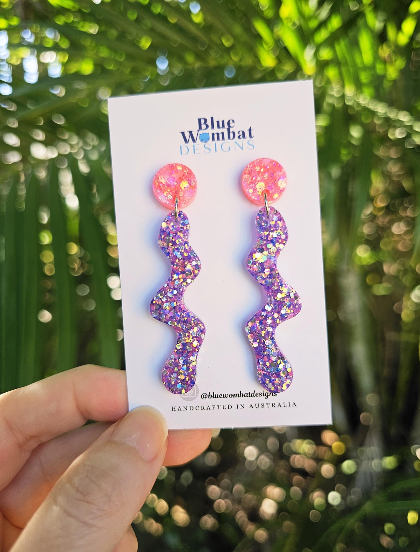 Squiggle Resin Purple Glitter Statement Dangle Earrings