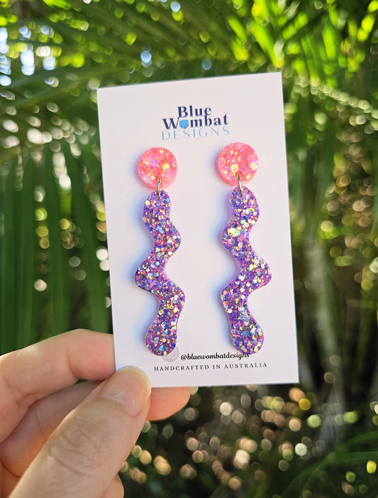 Squiggle Resin Purple Glitter Statement Dangle Earrings