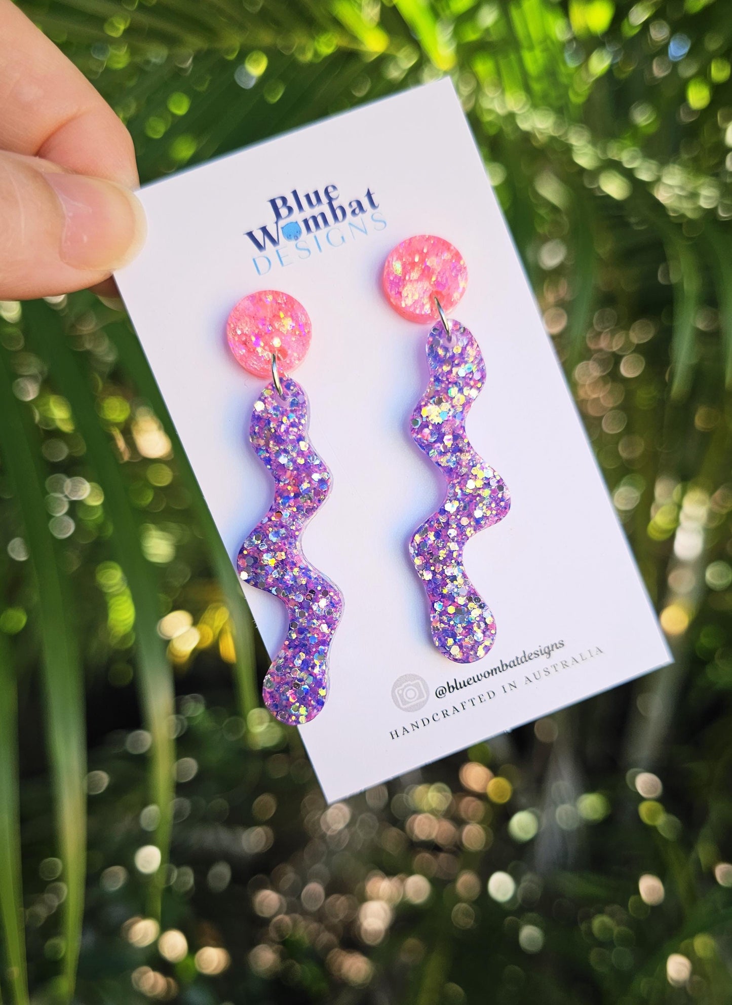Squiggle Resin Purple Glitter Statement Dangle Earrings