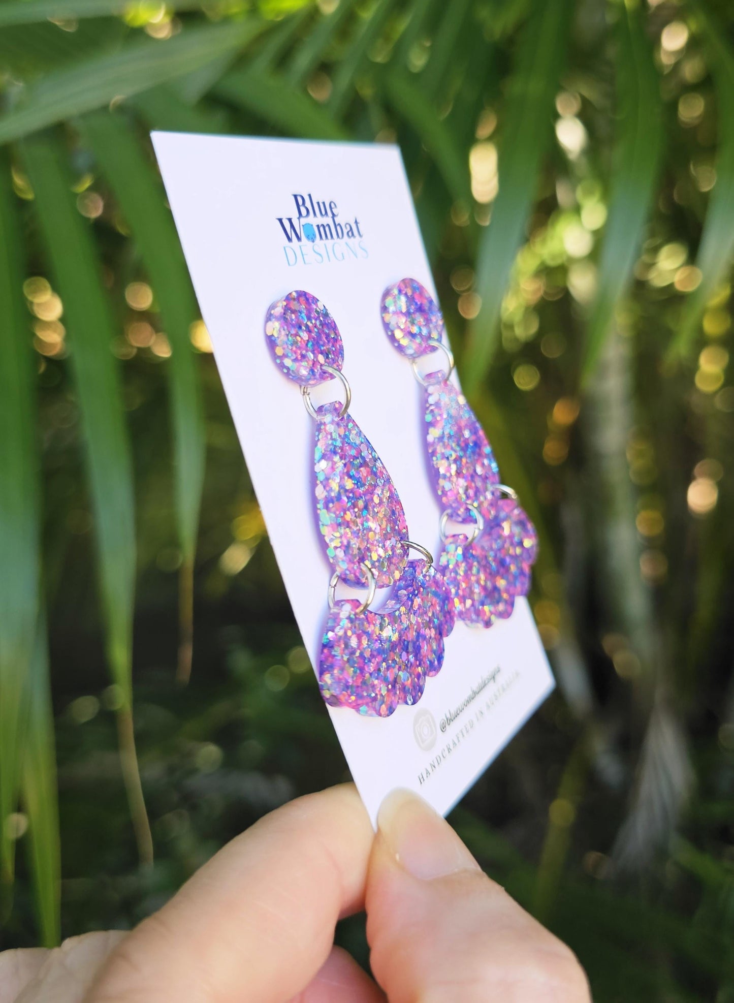 Pink Purple Glitter Resin Dangle Statement Earrings